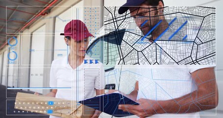 Woman courier stepping from van with package, man checking manifest, map overlay confirming route - Powered by Adobe