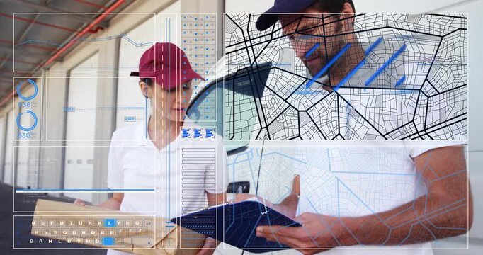 Woman courier stepping from van with package, man checking manifest, map overlay confirming route - Powered by Adobe