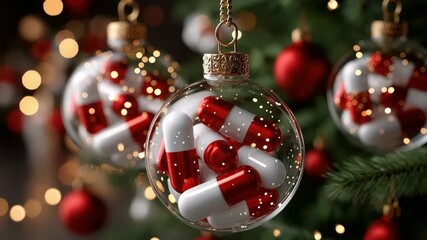 Clear glass baubles filled with red and white capsules hang from a fir branch against soft bokeh lights, juxtaposing holiday decor with medicine and consumer culture - Powered by Adobe
