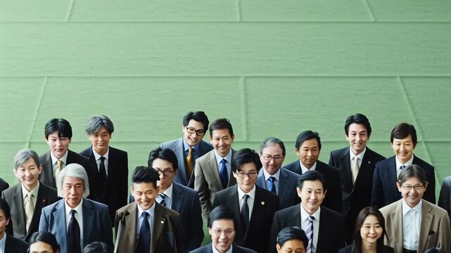 Collective Vision: A professional ensemble, united in purpose, exemplifies collaborative effort within a corporate setting. The group, filled with a sense of dedication and shared goals.