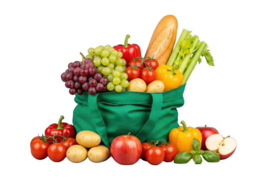 Vibrant green fabric shopping bag overflowing with fresh produce, meticulously arranged on a clean transparent studio background. Concept of healthy organic food