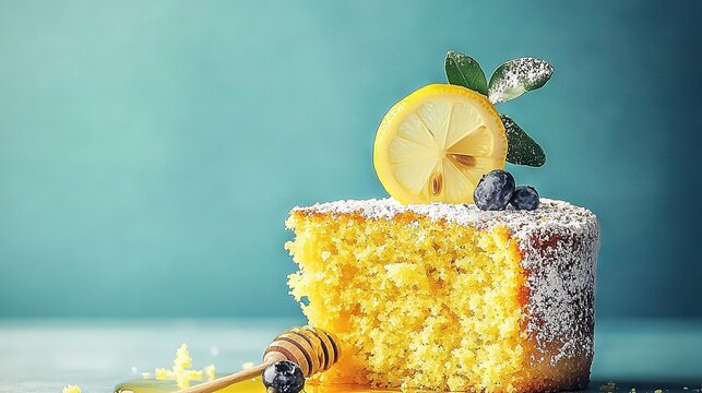 A piece of cake with a slice of lemon on top of it