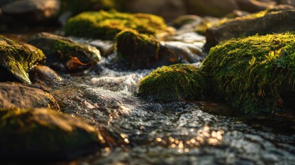 Sunlight illuminates mossy rocks in a shallow flowing stream