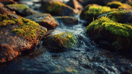 Moss covered rocks in shallow flowing water close up