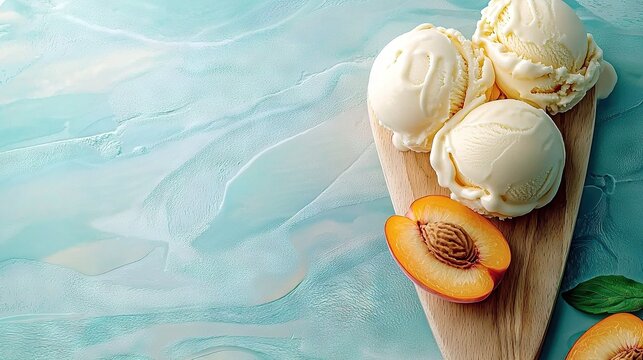Three scoops of ice cream on a wooden cutting board with peaches