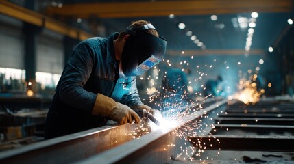 Welder at work: Cinematic still of a worker wearing a protective mask welding a metal beam in a factory as sparks fly.