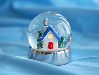 Festive snow globe with cozy house and falling snow on blue
