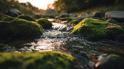 Sunlight reflects on mossy rocks in a shallow stream setting.