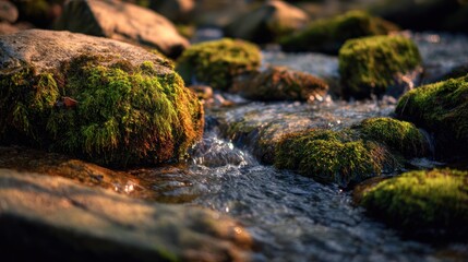 Moss covered rocks beside a small sunlit forest stream
