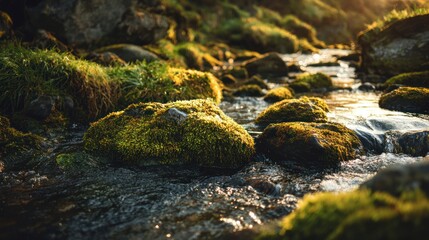 Moss covered rocks in a sunlit stream with dark water.