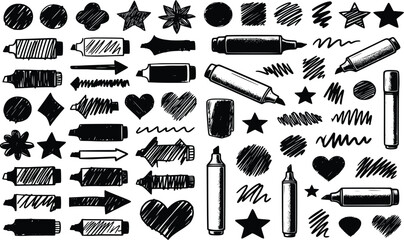 Hand-Drawn Black and White Doodle Highlighters and Scribble Elements Set - Vector Graphic Pack