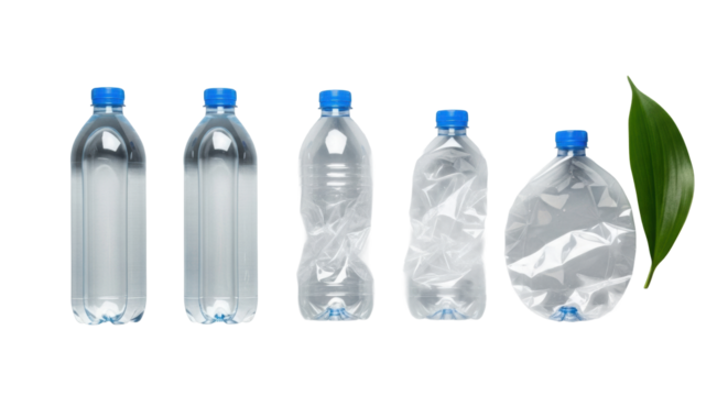 Five clear plastic water bottles, full to flattened, and a vibrant green leaf, on a seamless transparent studio background, concept of product lifecycle and sustainability