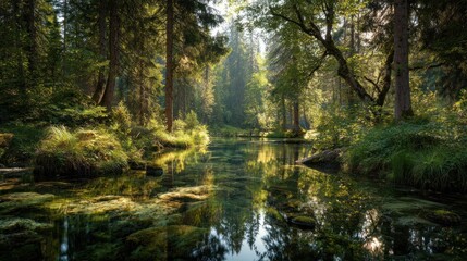 Sunlit forest stream with clear water reflecting surrounding trees and foliage.