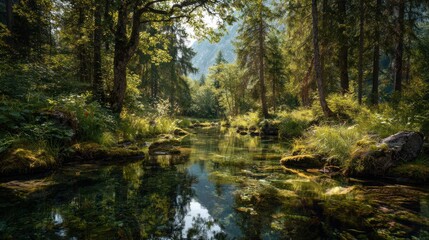 Sunlight streams through forest trees onto a clear stream and rocks.