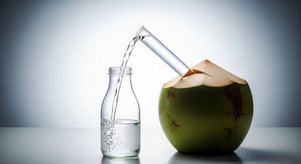 Fresh Coconut Water Being Poured into a Glass Bottle.