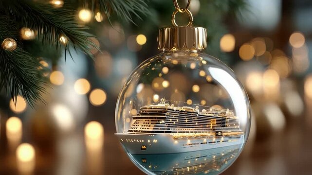 Clear glass Christmas ornament with a tiny cruise ship inside, hanging on a festive fir tree lit by warm golden bokeh lights  travel themed holiday gift and decor