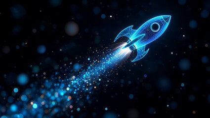 Digital rocket launching with glowing blue particles, concept