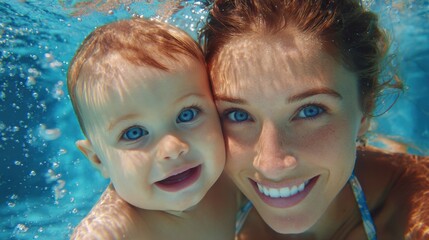 Mother and baby smile underwater with blue water and bubbles.