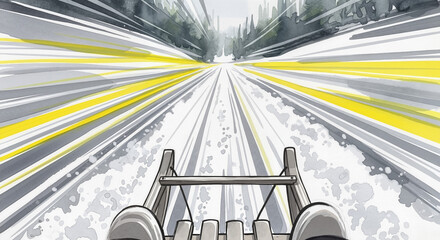 High-speed first-person view of a bobsleigh race down a frozen track. For content about winter games, extreme speed, and dynamic competition visuals.
