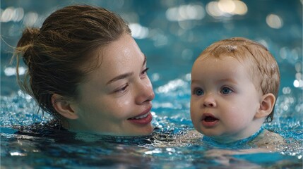 Mother and baby swimming together in bright blue water.