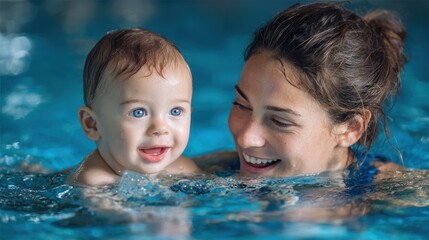 Mother and baby smiling while swimming in blue water.