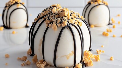 A white chocolate covered pumpkin sitting on top of a table