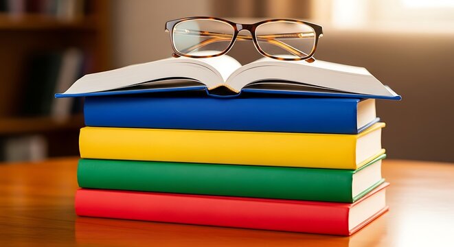 A stack of colorful books with an open book on top and glasses resting on the open book pages near spine