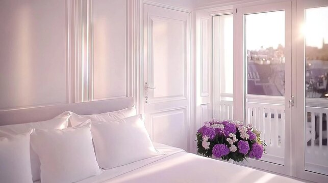 A white bed sitting in a bedroom next to a window