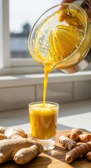 Fresh Turmeric Juice Being Poured into a Glass with Raw Turmeric Roots.