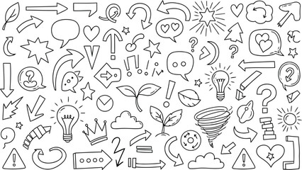 Collection of handdrawn doodle icons including arrows, speech bubbles, hearts, stars, and weather symbols, isolated on white background