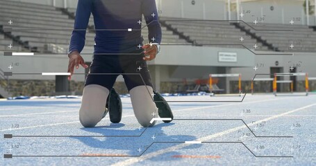 Teen athlete planting blades causing kneeling on blue track, HUD tracking aligning for sport start - Powered by Adobe