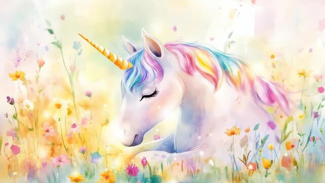 Magical unicorn in a vibrant flower meadow with pastel colors