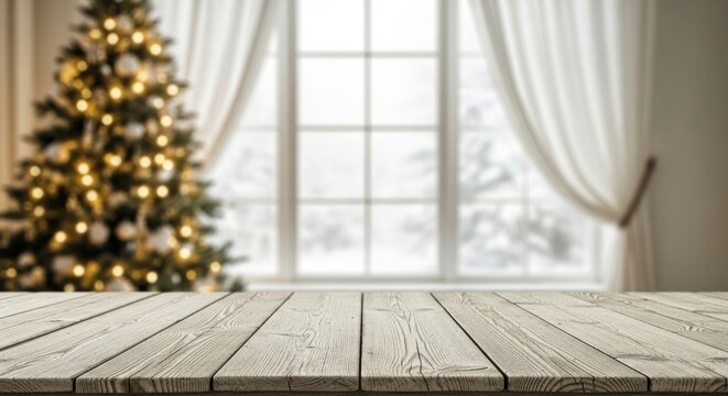 Christmas tree and rustic table in front of window with snow outside