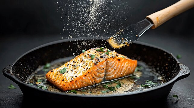 A piece of salmon being cooked in a cast iron skillet