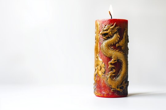 Red candle with embossed golden dragon design, Chinese style decorative element symbolizing power and prosperity.