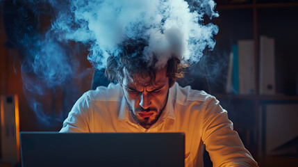 Stressed businessman with smoke coming out of his head working on laptop for International Stress Management Association