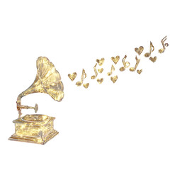 Postage stamp showcasing a gramophone surrounded by musical notes illustrating sound and nostalgia