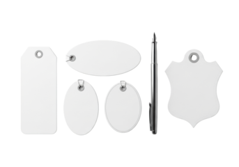 Four transparent price tags (rectangular, oval, circular, crest) and a slender sterling silver calligraphy pen, isolated on a seamless transparent background. Concept of luxury branding