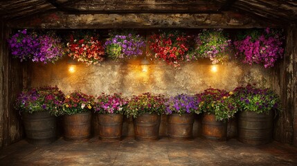 A bunch of wooden barrels filled with flowers next to a wall