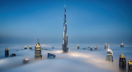 Futuristic Cityscape with Tall Towers in Foggy Atmosphere.