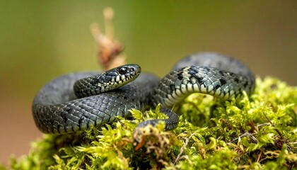 Grass Snake Coiled on Moss - A Close-Up View.