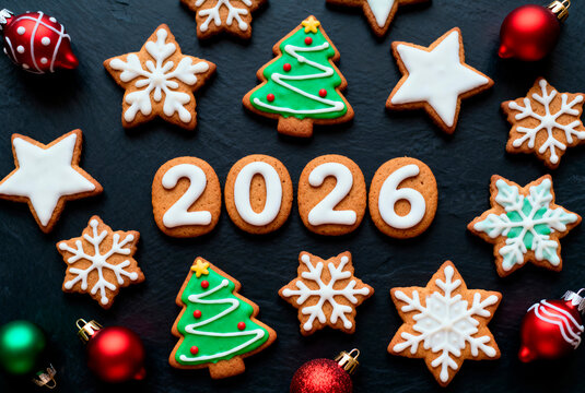 Gingerbread cookies shaped like Christmas trees, stars, and snowflakes arranged around the year 2026. Colorful icing decorations and festive ornaments are present.