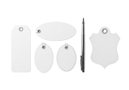 Four transparent price tags (rectangular, oval, circular, crest) and a slender sterling silver calligraphy pen, isolated on a seamless transparent background. Concept of luxury branding