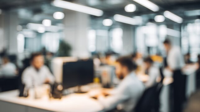 Blurred modern office interior with workers at desks and bright overhead lights.