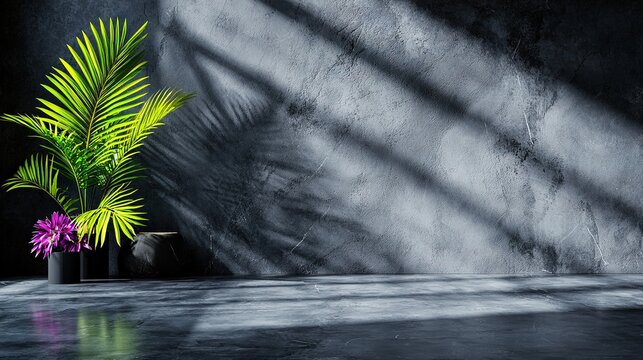 A plant in a black vase sitting on a concrete floor