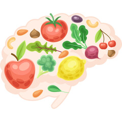 Brain shape filled with colorful fresh fruits and vegetables representing healthy eating for cognitive function and brain health illustration