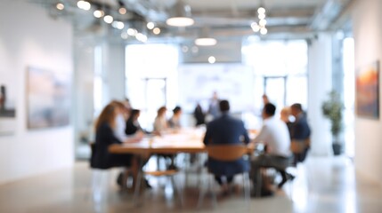Blurred business meeting with people seated around a large wooden table.