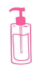 Simple hand-drawn pink line illustration of a pump dispenser bottle. Ideal for beauty, skincare, or hygiene design projects.