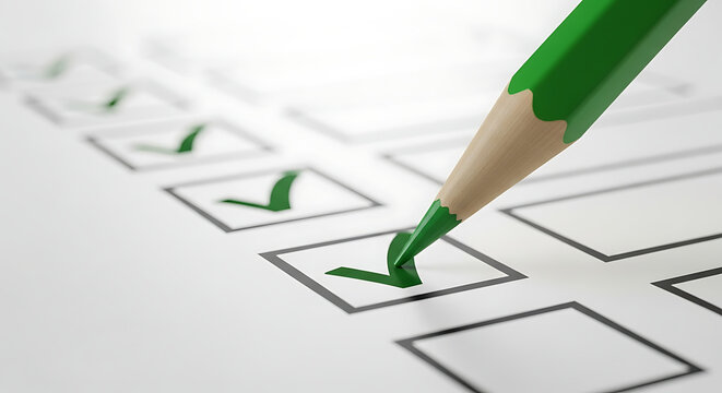 Green pencil marking a completed task on a checklist with several items checked off