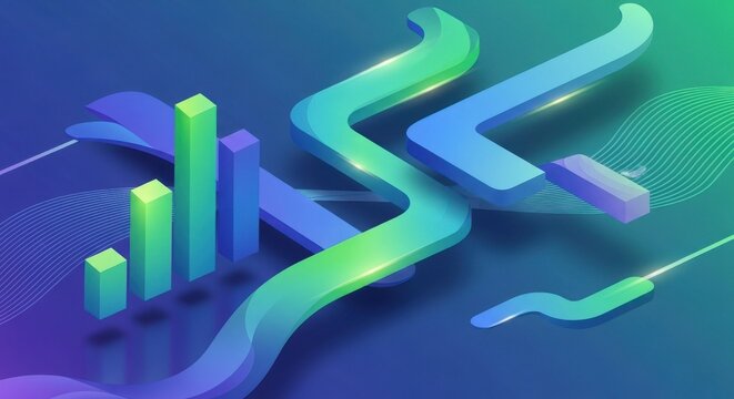 illustration displaying financial progress represented by rising bar graph alongside flowing serpentine pathway symbolizing strategy consistency and upward corporate momentum against dark gradient